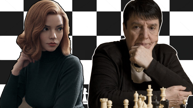 Аня Тейлор-Джой в сериале «Ход королевы» (слева) и шахматистка Нона Гаприндашвили (справа)